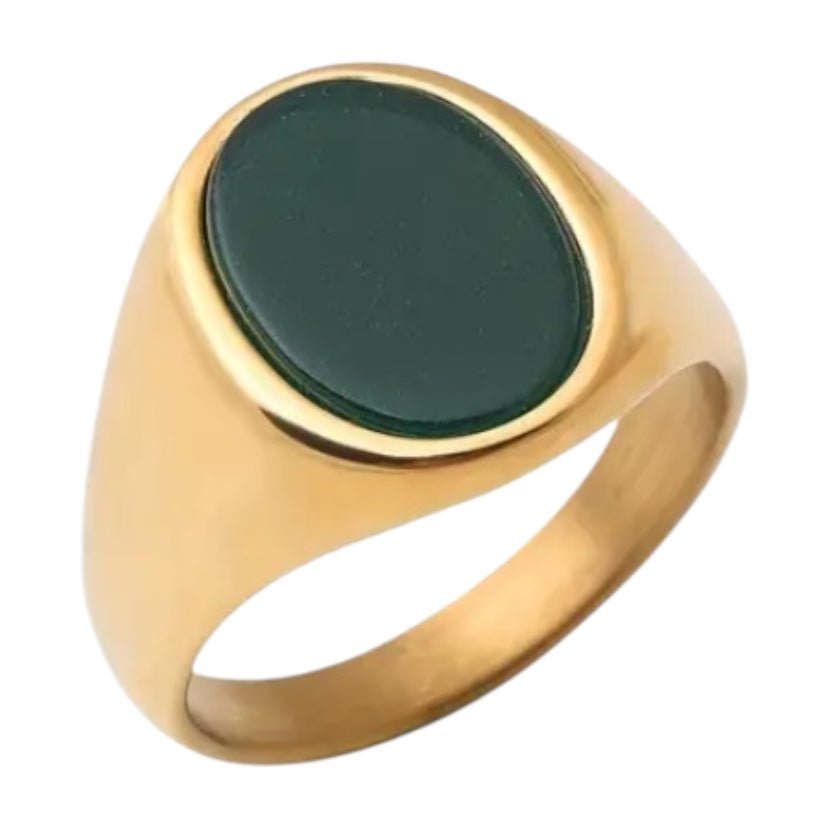Goldener Ring mit ovalem grünen Onyx - CrystalScents