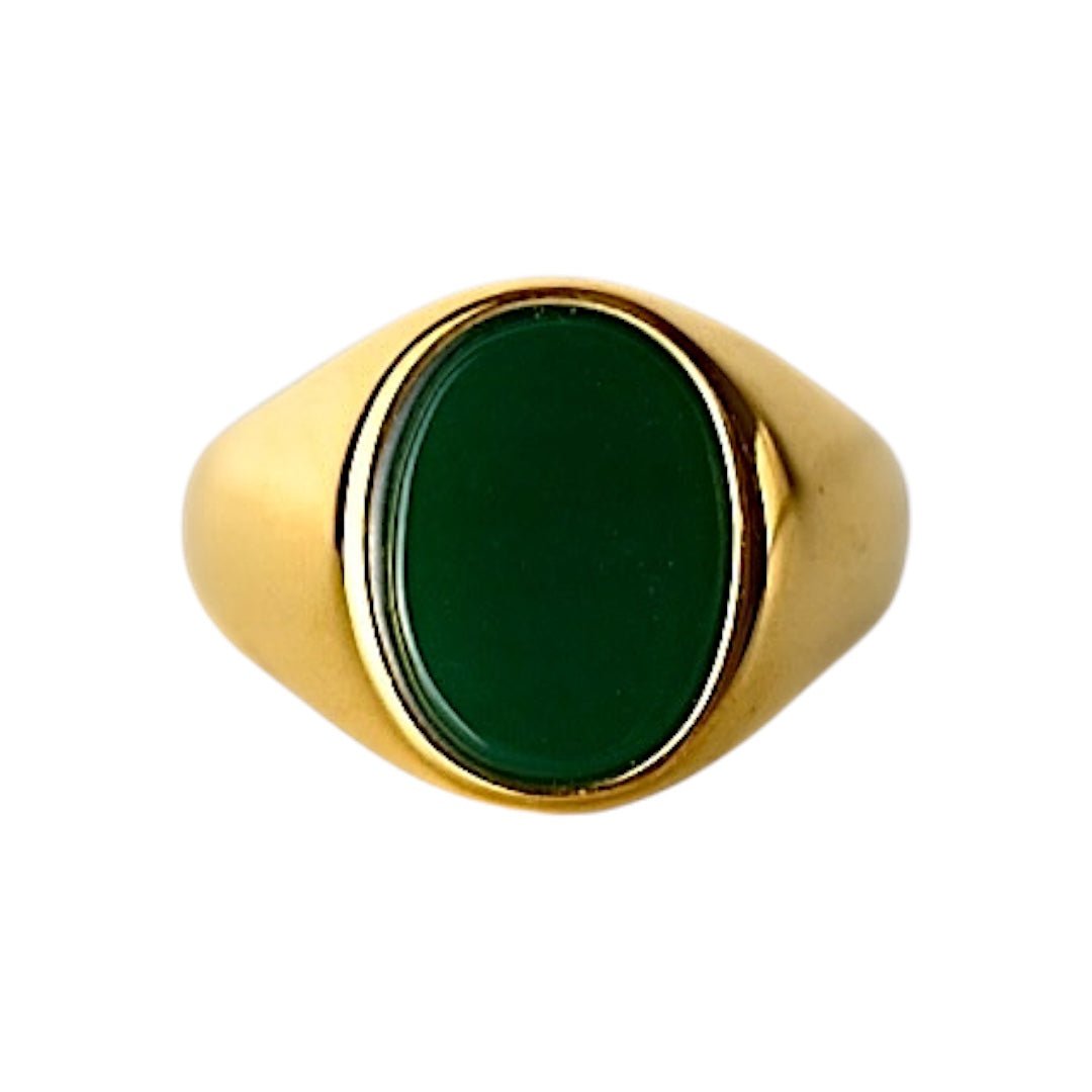Goldener Ring mit ovalem grünen Onyx - CrystalScents