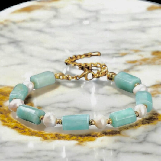 Goldenes Armband mit Perlen und Amazonit - CrystalScents