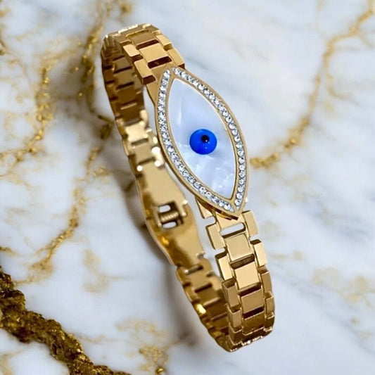 Goldenes Armband „schützendes Auge“ mit Perlmutt - CrystalScents