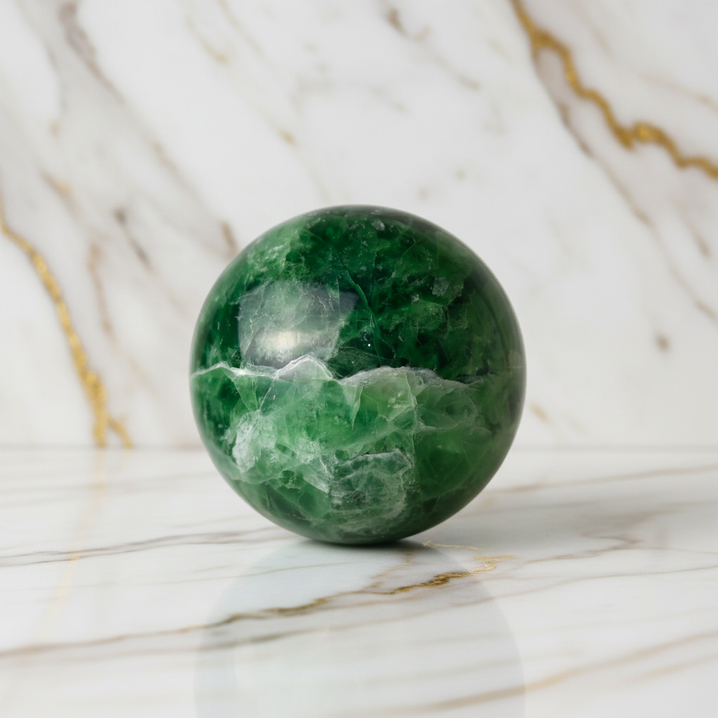 Grüne Fluorit-Kugel auf Marmor 5