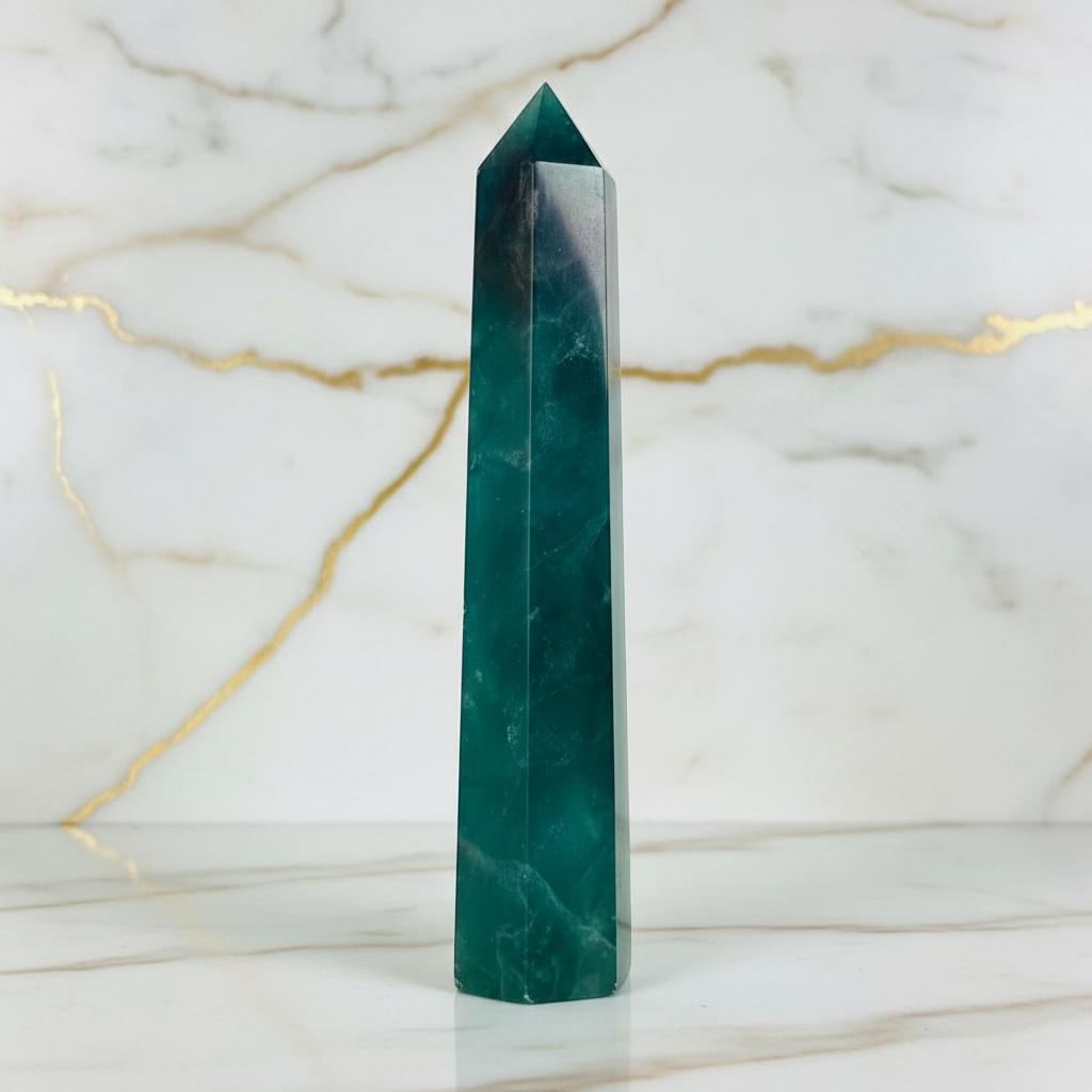 Grüner Fluorit Obelisk auf Marmor - Nahaufnahme Details