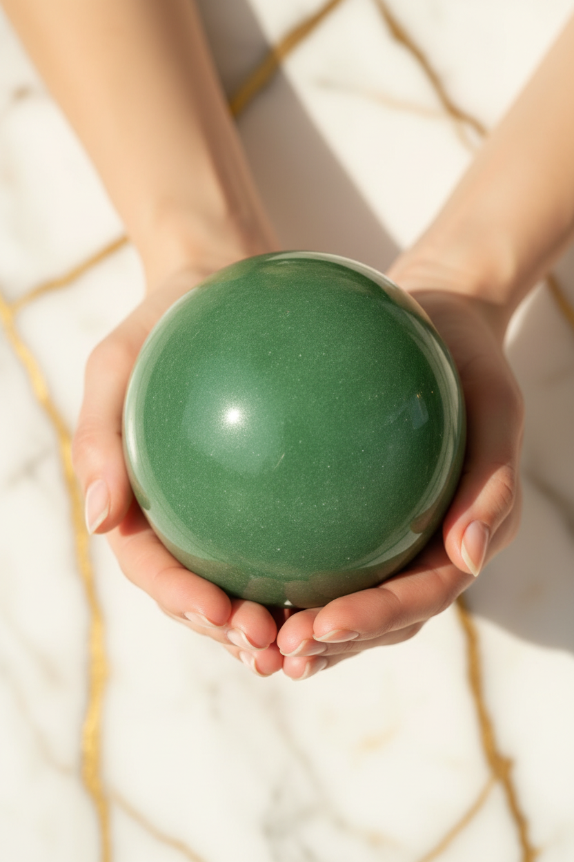 Green aventurine sphere in hands