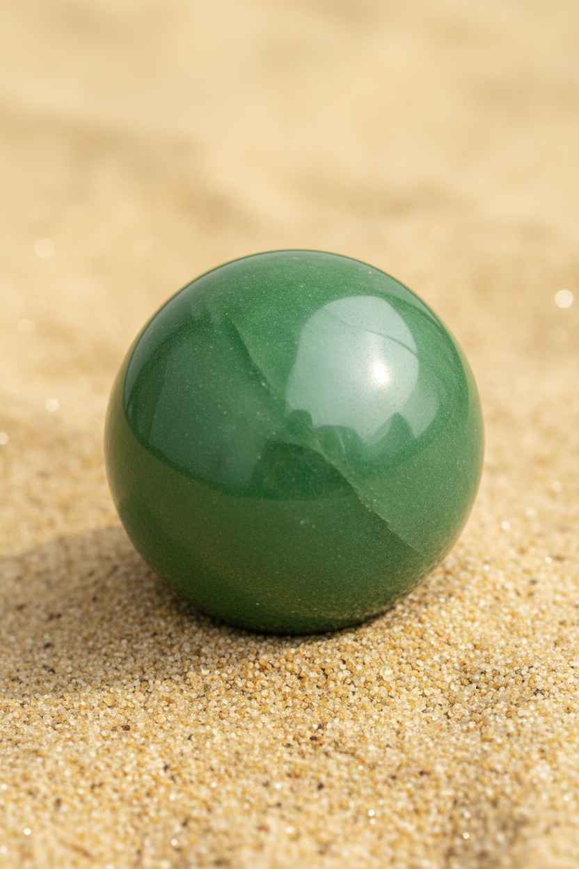 Green aventurine sphere in sand