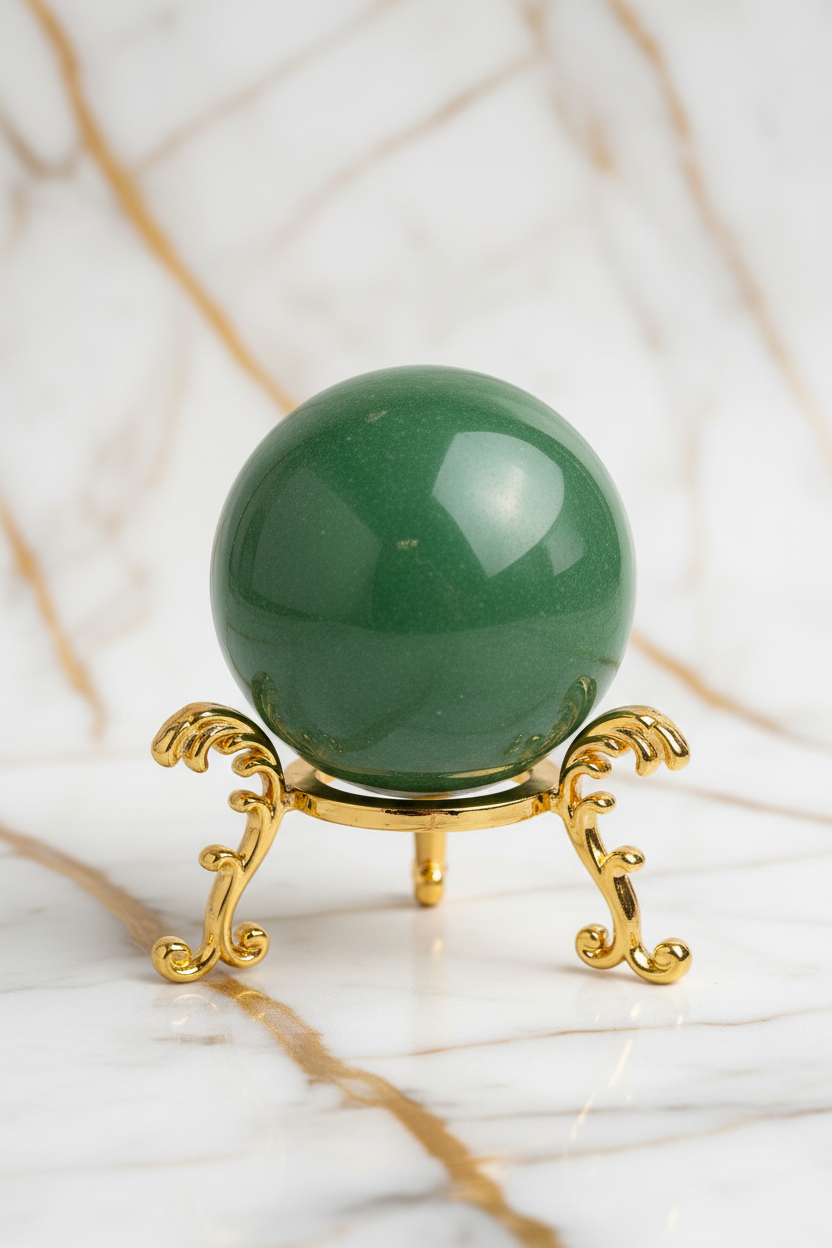 Green aventurine sphere on golden stand