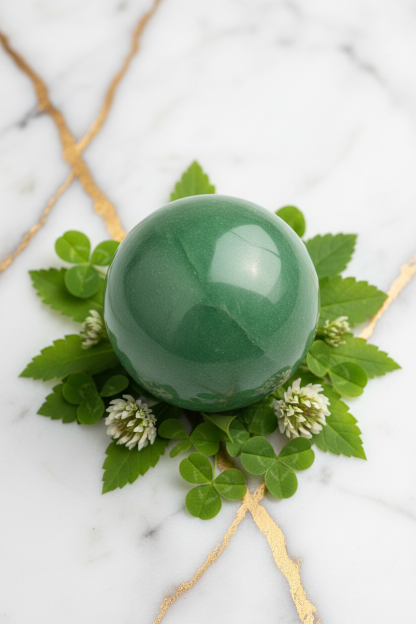 Green aventurine sphere with leaves and clover