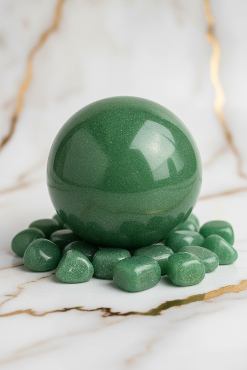 Green aventurine sphere with tumbled stones