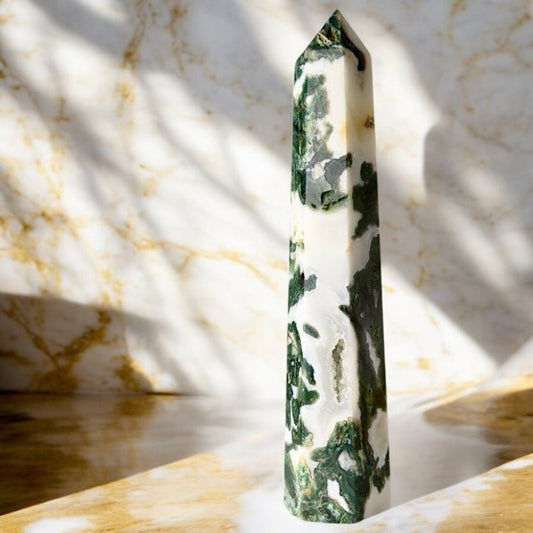 Großer druzy Moosachat Obelisk - CrystalScents