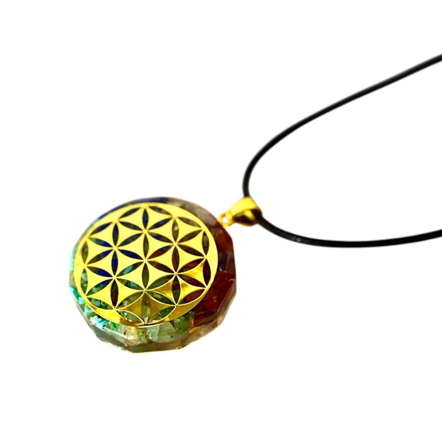 Halskette mit rundem Orgonit Anhänger; Blume des Lebens - CrystalScents