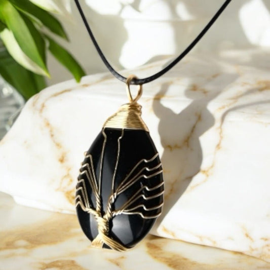 Halskette mit tropfenförmigem Obsidian, Gold - CrystalScents