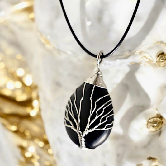 Halskette mit tropfenförmigem Obsidian, Silber - CrystalScents