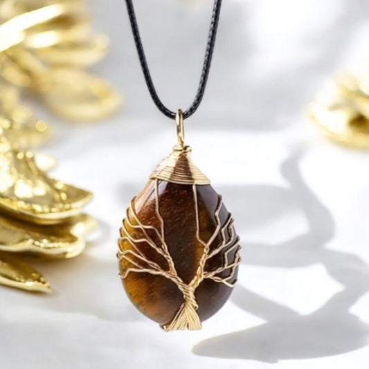 Halskette mit tropfenförmigem Tigerauge, Gold - CrystalScents