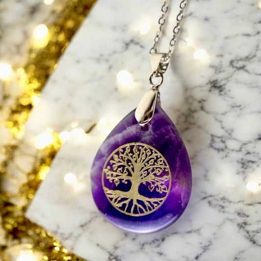 Halskette mit tropfenförmigen Amethyst „Baum des Lebens“ - CrystalScents