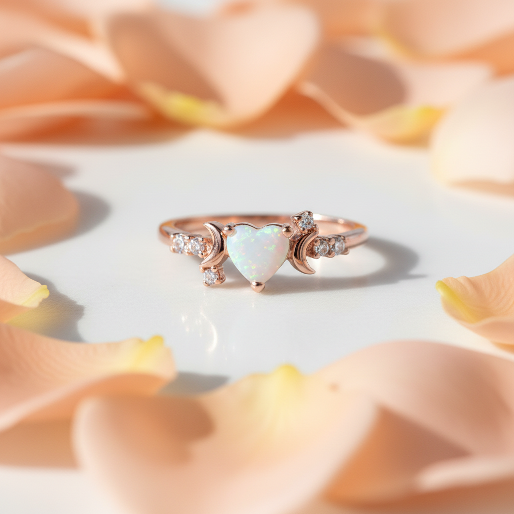 Herz-Opal Ring mit pfirsichfarbenen Rosenblüten - Nahaufnahme
