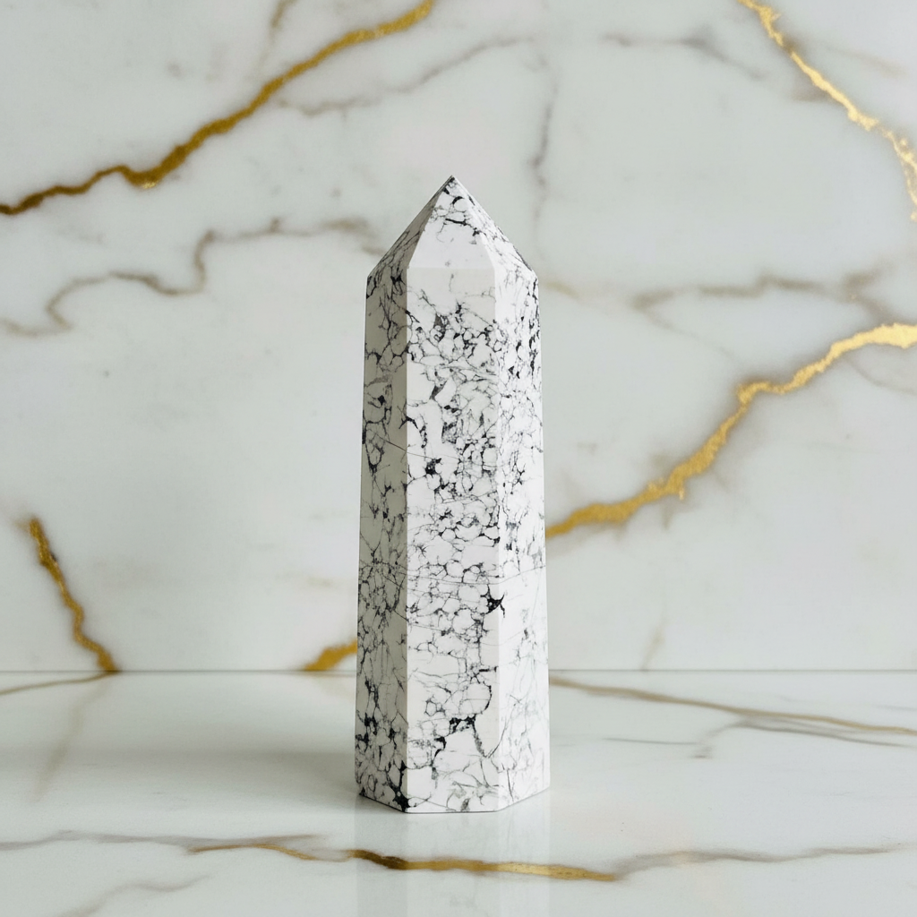 Howlith Obelisk auf Marmor - Dreiviertelansicht links