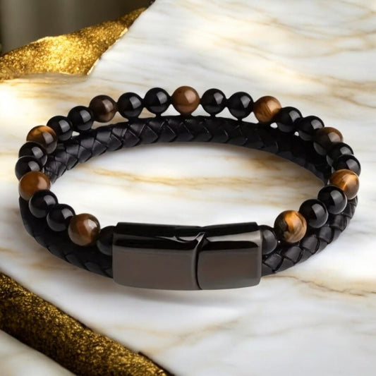 Kunstleder Armband mit Magnet - Verschluss und gelbem Tigerauge - CrystalScents