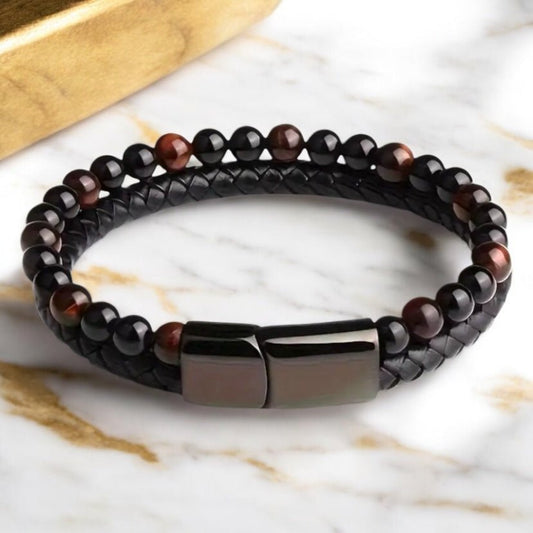 Kunstleder Armband mit Magnet - Verschluss und rotem Tigerauge - CrystalScents