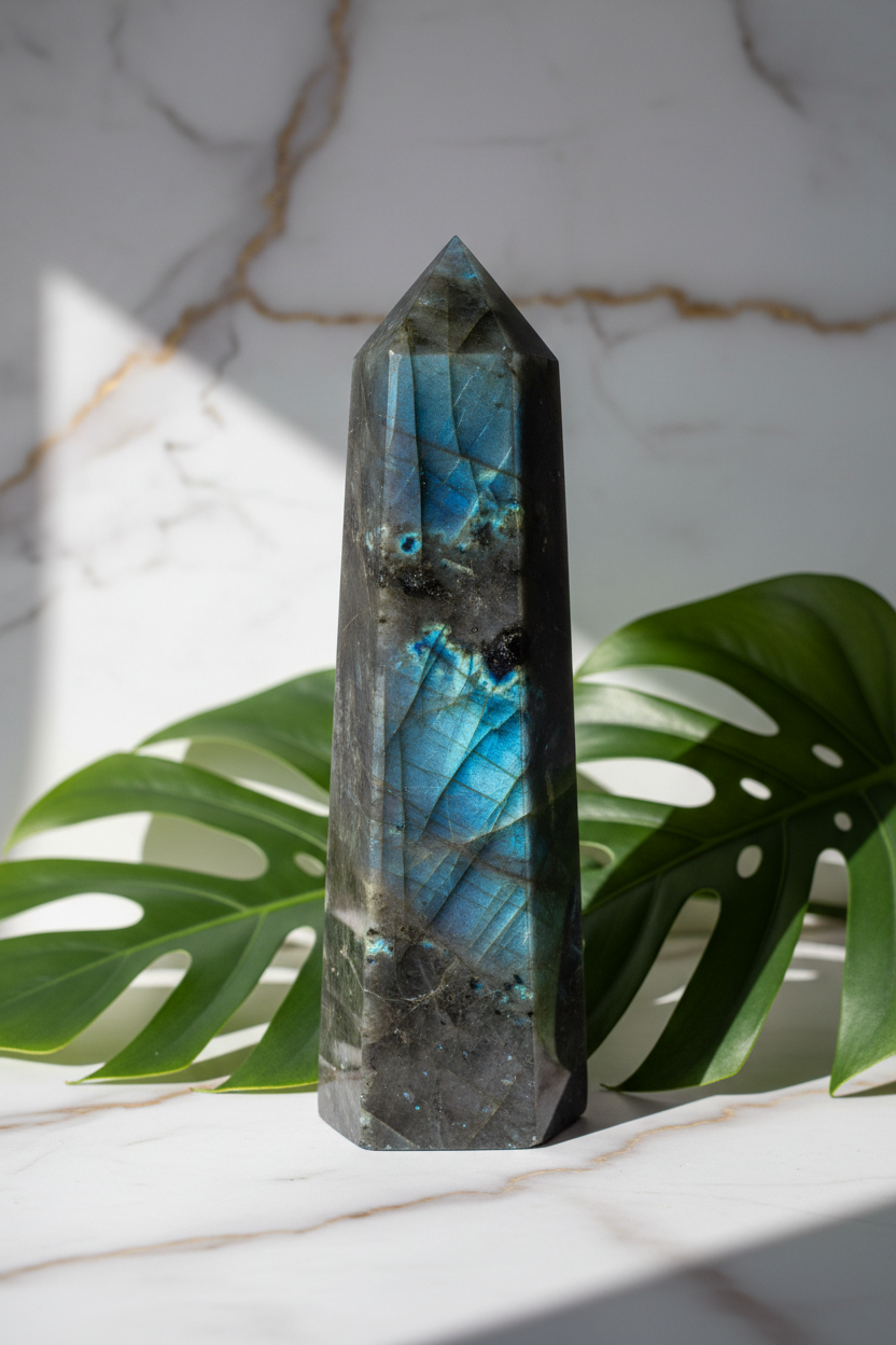 Labradorit Obelisk stehend frontal