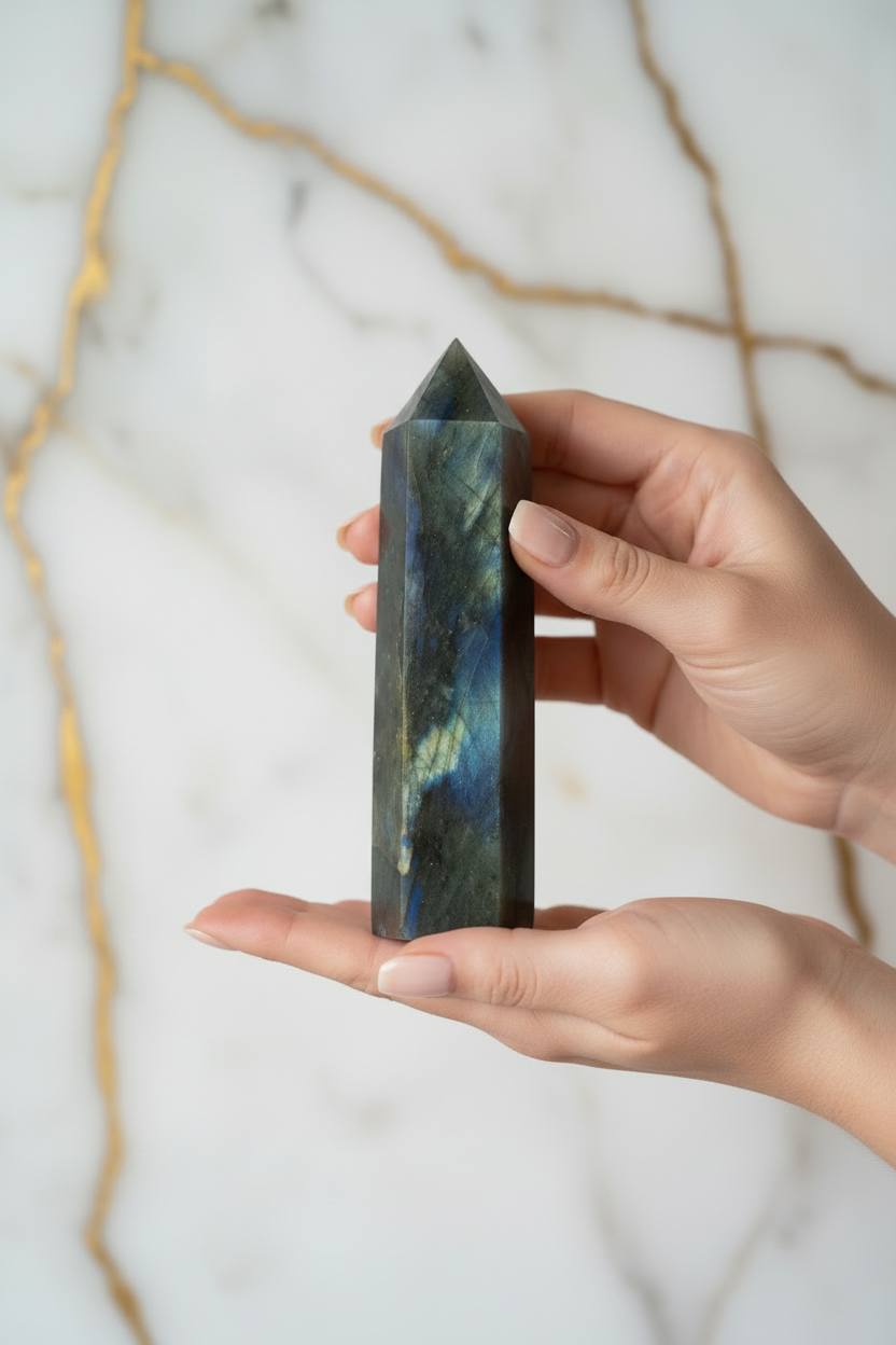Labradorite obelisk in hands