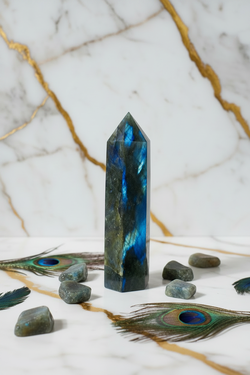 Labradorite obelisk with raw stones and feathers