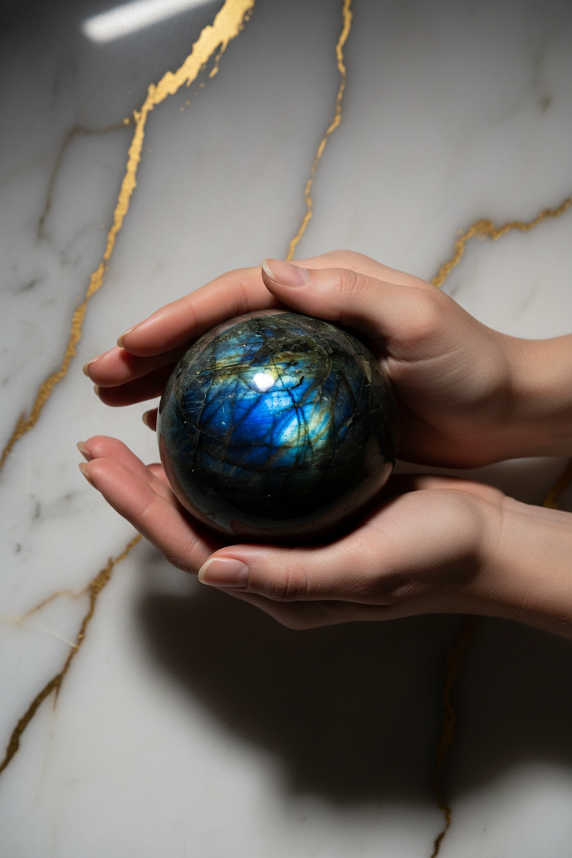 Labradorite sphere in hands
