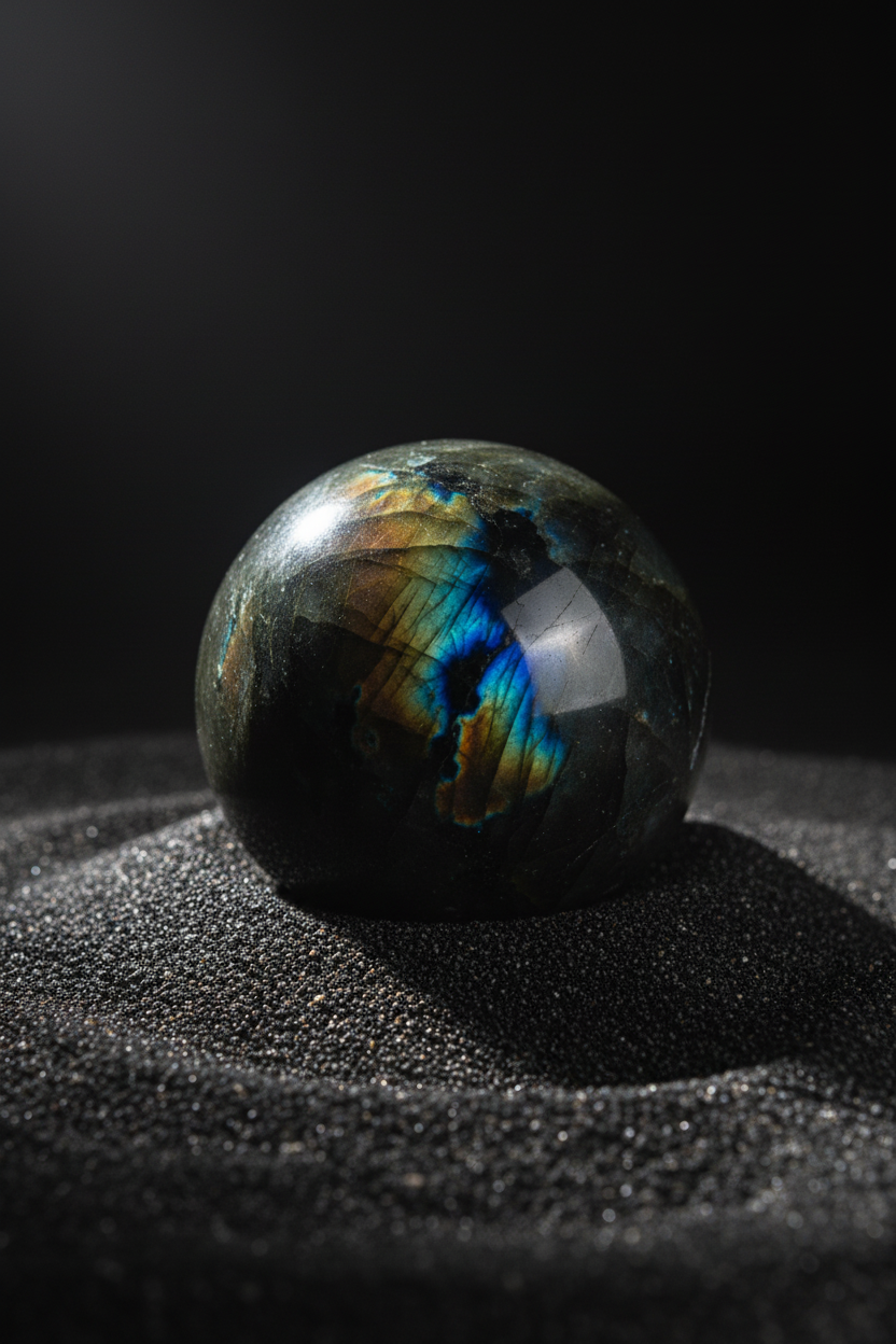 Labradorite sphere in sand