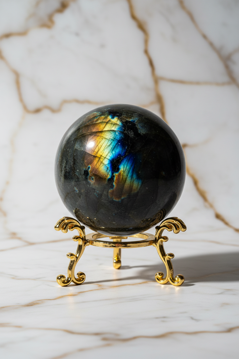 Labradorite sphere on golden stand
