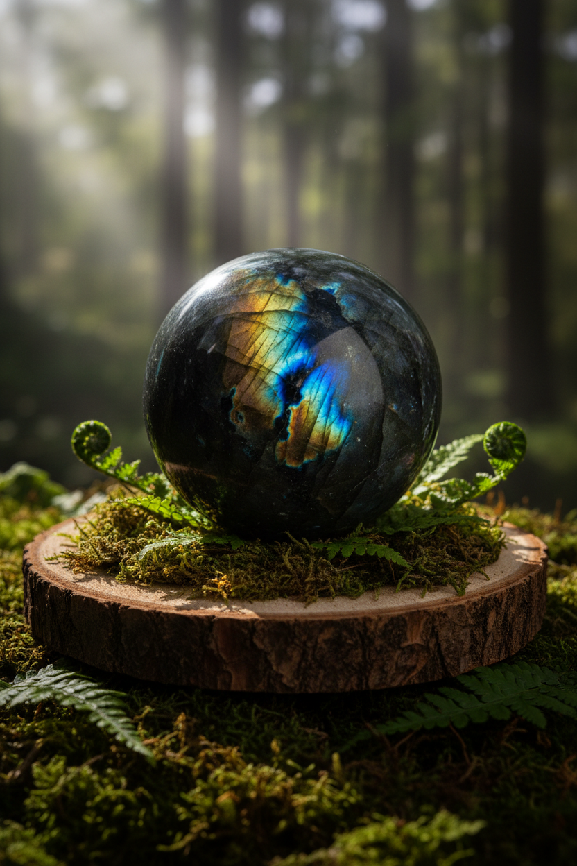 Labradorite sphere on wooden slice