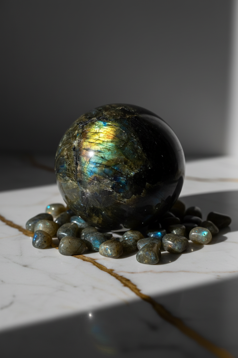 Labradorite sphere with tumbled stones
