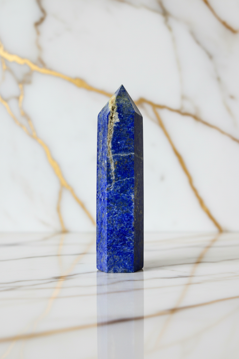 Lapis lazuli gold pyrite obelisk on marble