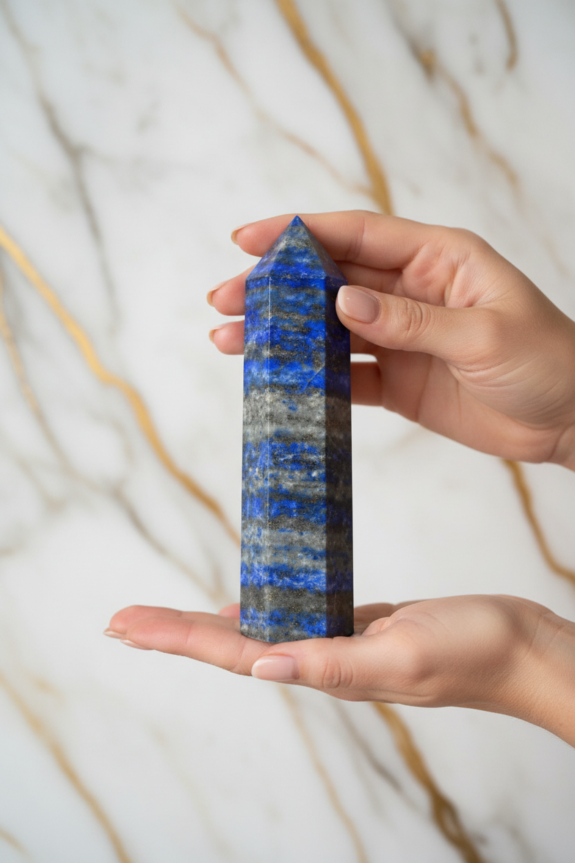 Lapis lazuli obelisk in hands