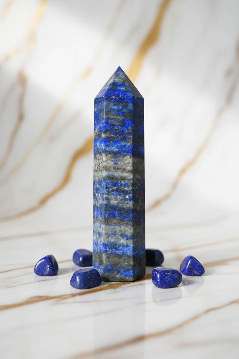 Lapis lazuli obelisk with tumbled stones