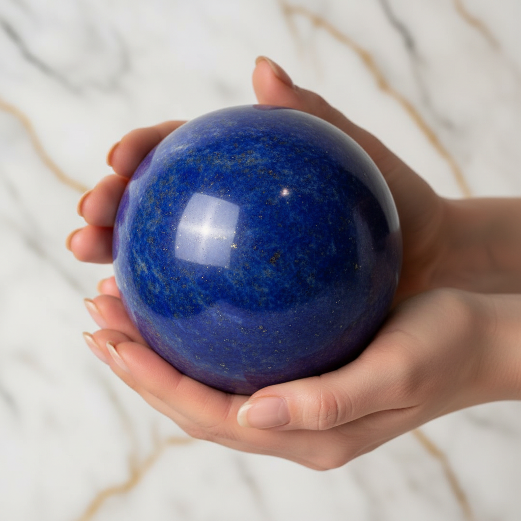 Lapis lazuli sphere in hands marble background