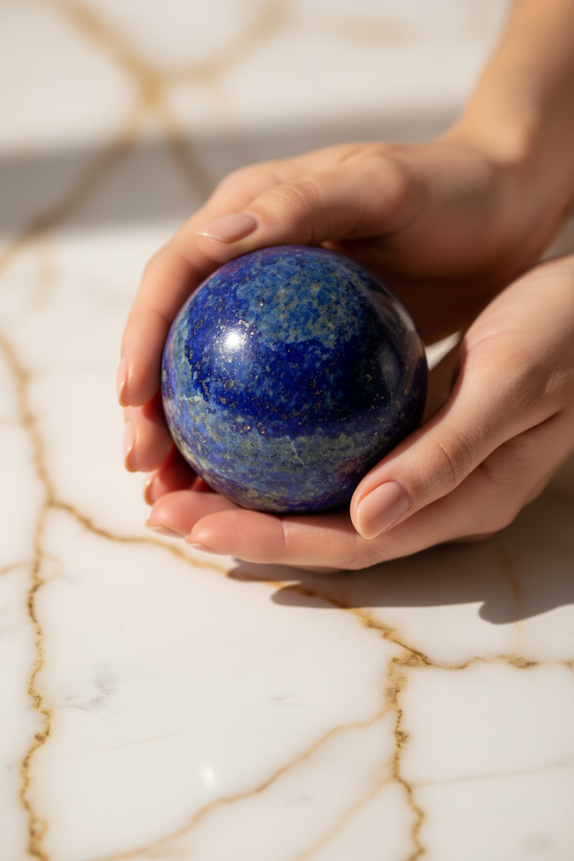 Lapis lazuli sphere in hands marble portrait