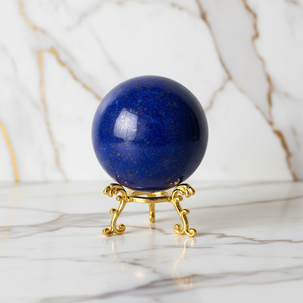 Lapis lazuli sphere on golden stand marble background