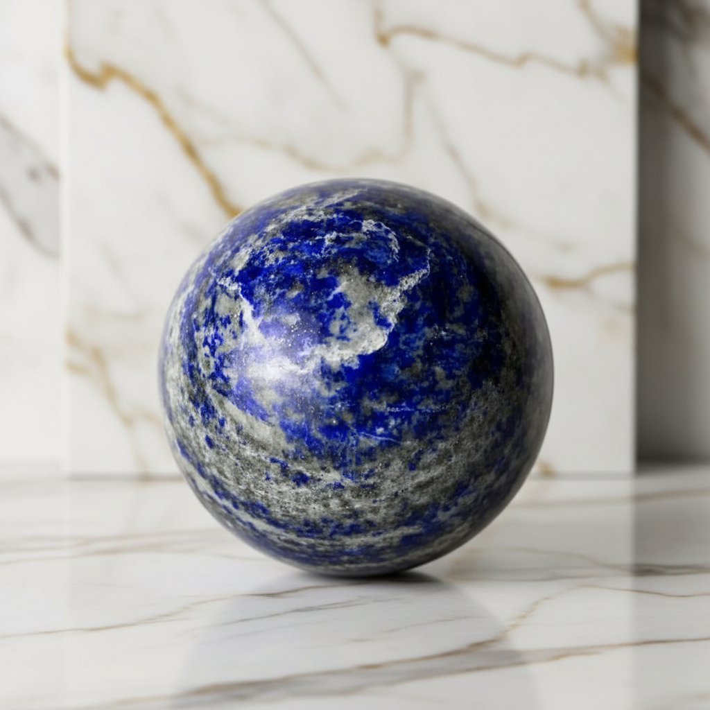 Lapislazuli-Kugel auf Marmor 2