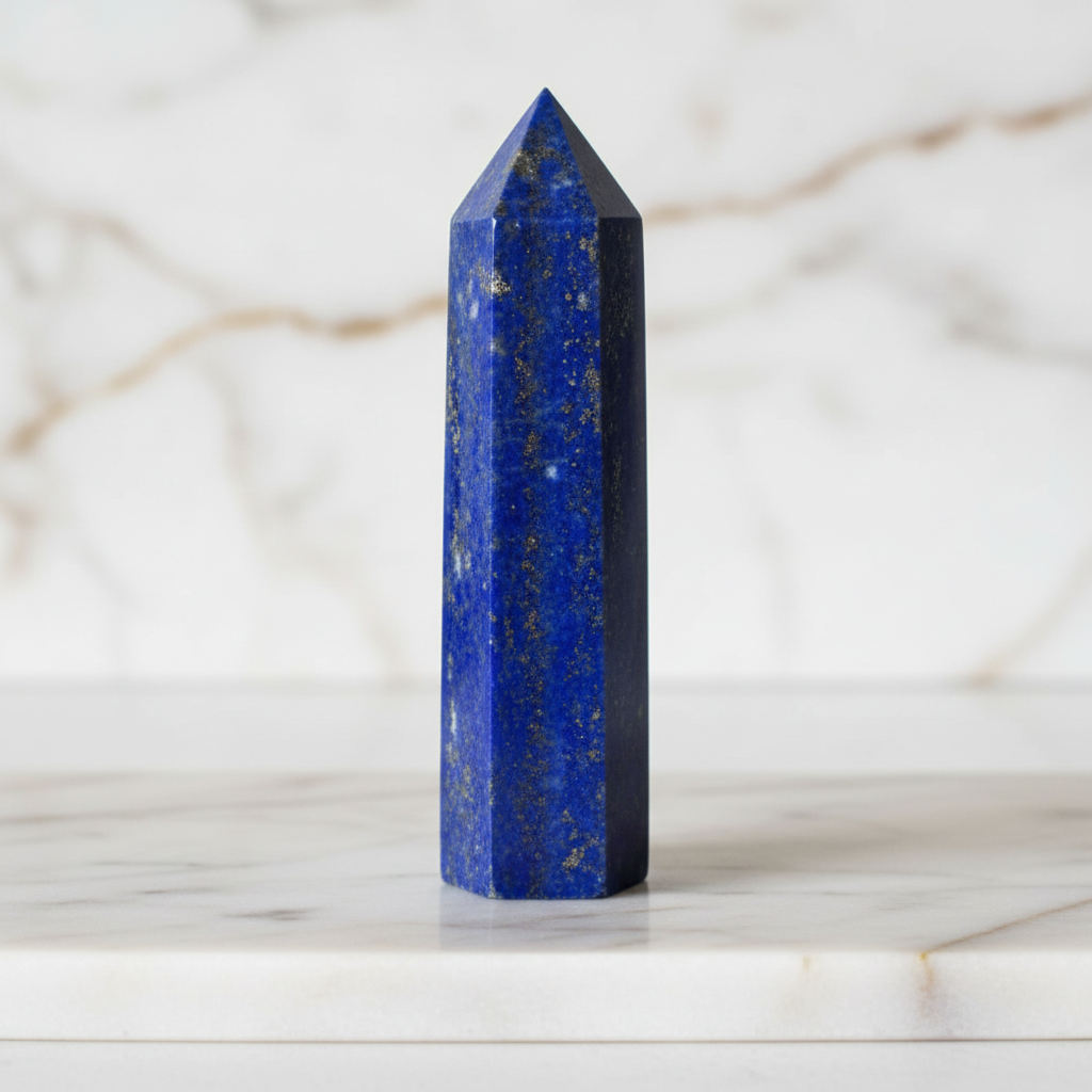 Lapislazuli Obelisk mit Goldadern auf Marmor 5