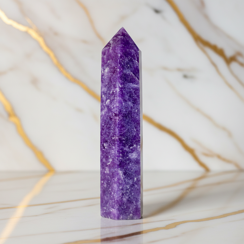 Lepidolith Obelisk auf Marmor 2