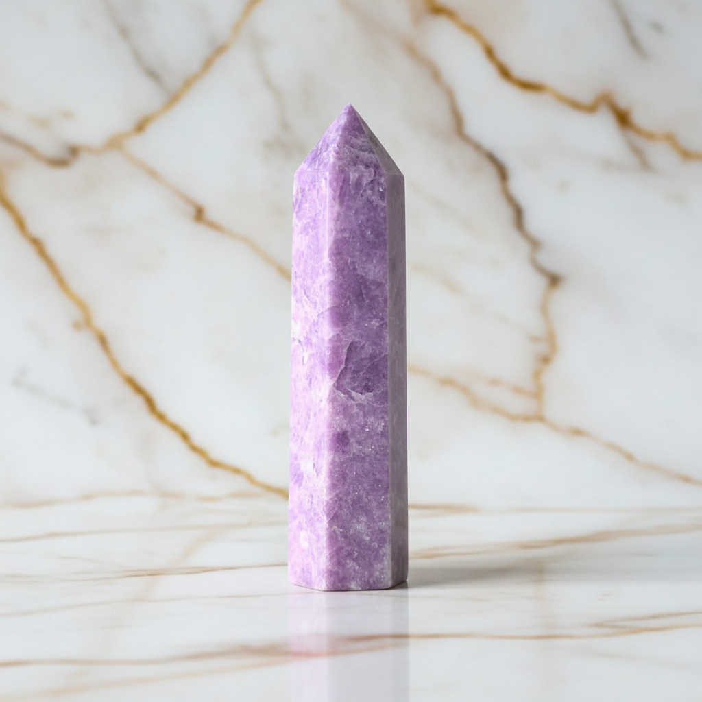 Lepidolith Obelisk auf Marmor 6