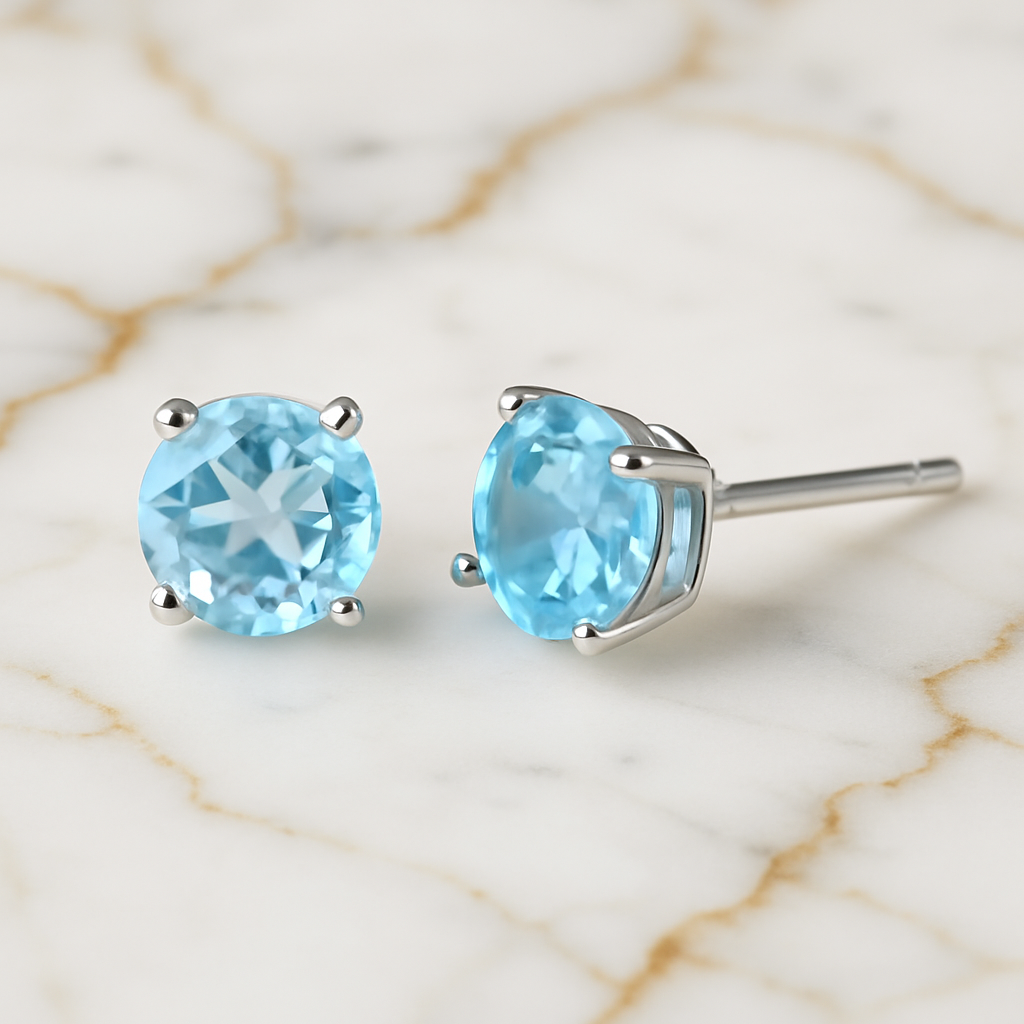Light Blue Topaz Stud Earrings Lying on White-Gold Marble