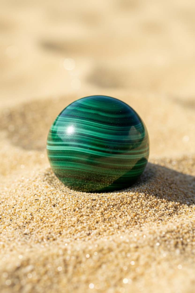 Malachite sphere in sand