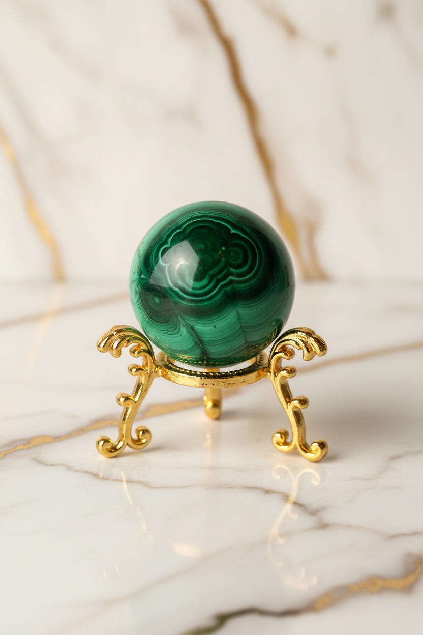 Malachite sphere on golden stand