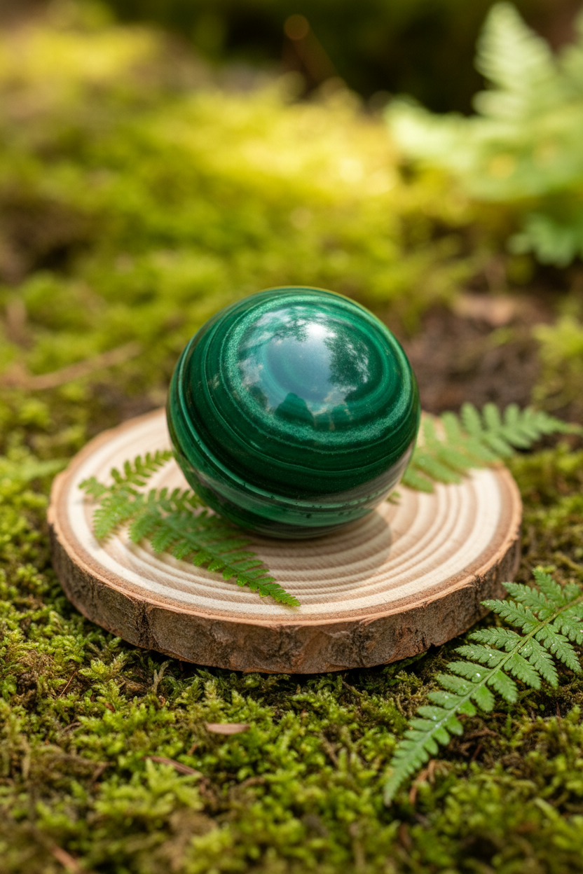 Malachite sphere on wooden slice with moss