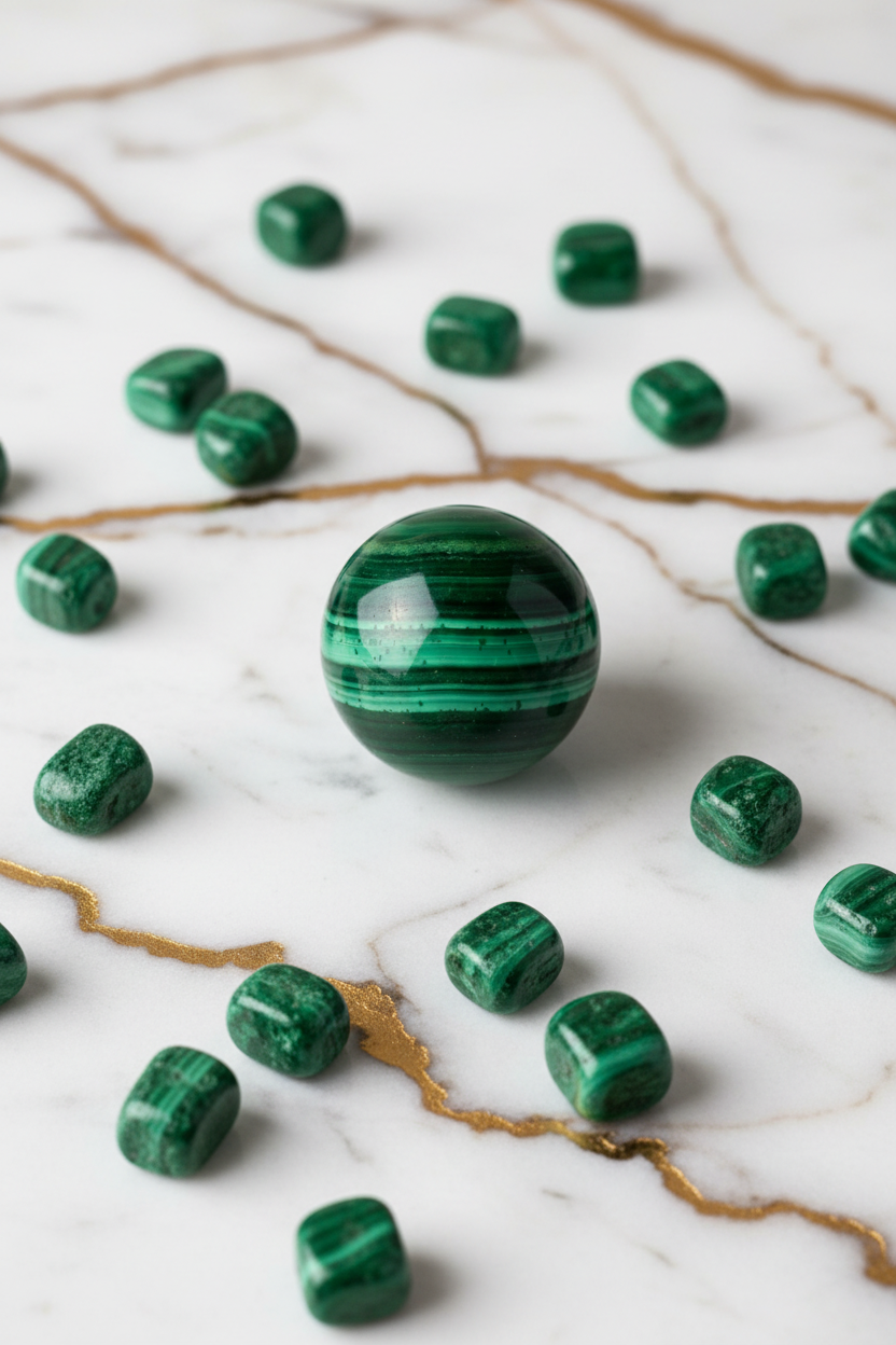 Malachite sphere with tumbled stones