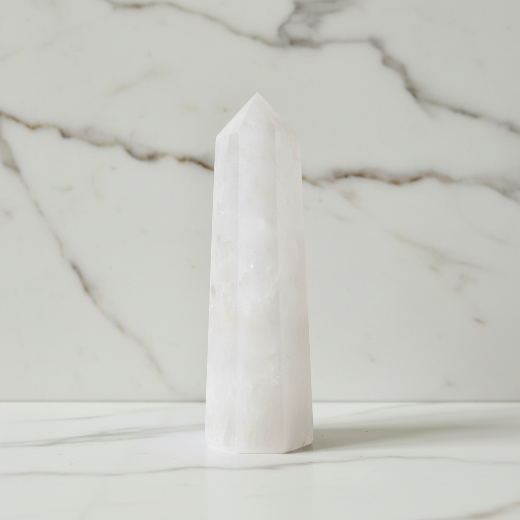 Milchiger Bergkristall Obelisk auf Marmor 6