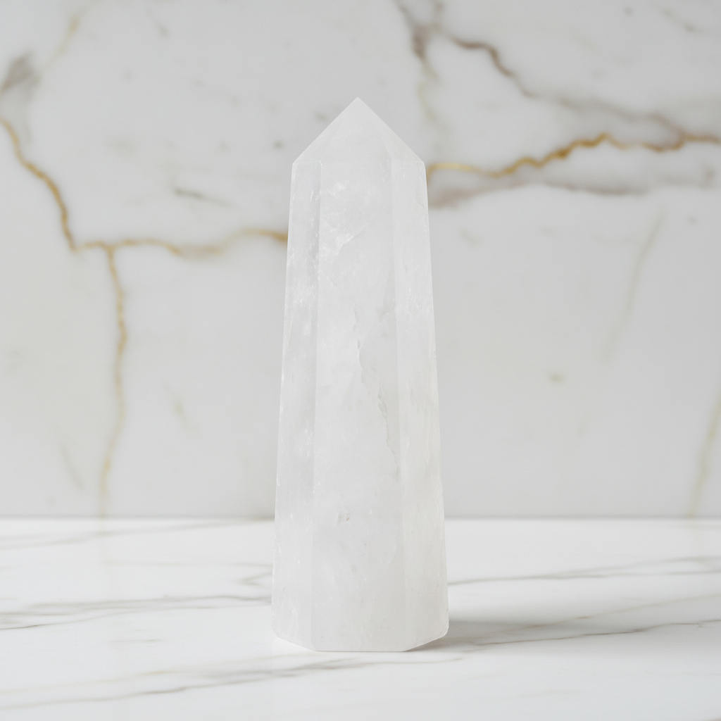 Milchiger Bergkristall Obelisk auf Marmor 9
