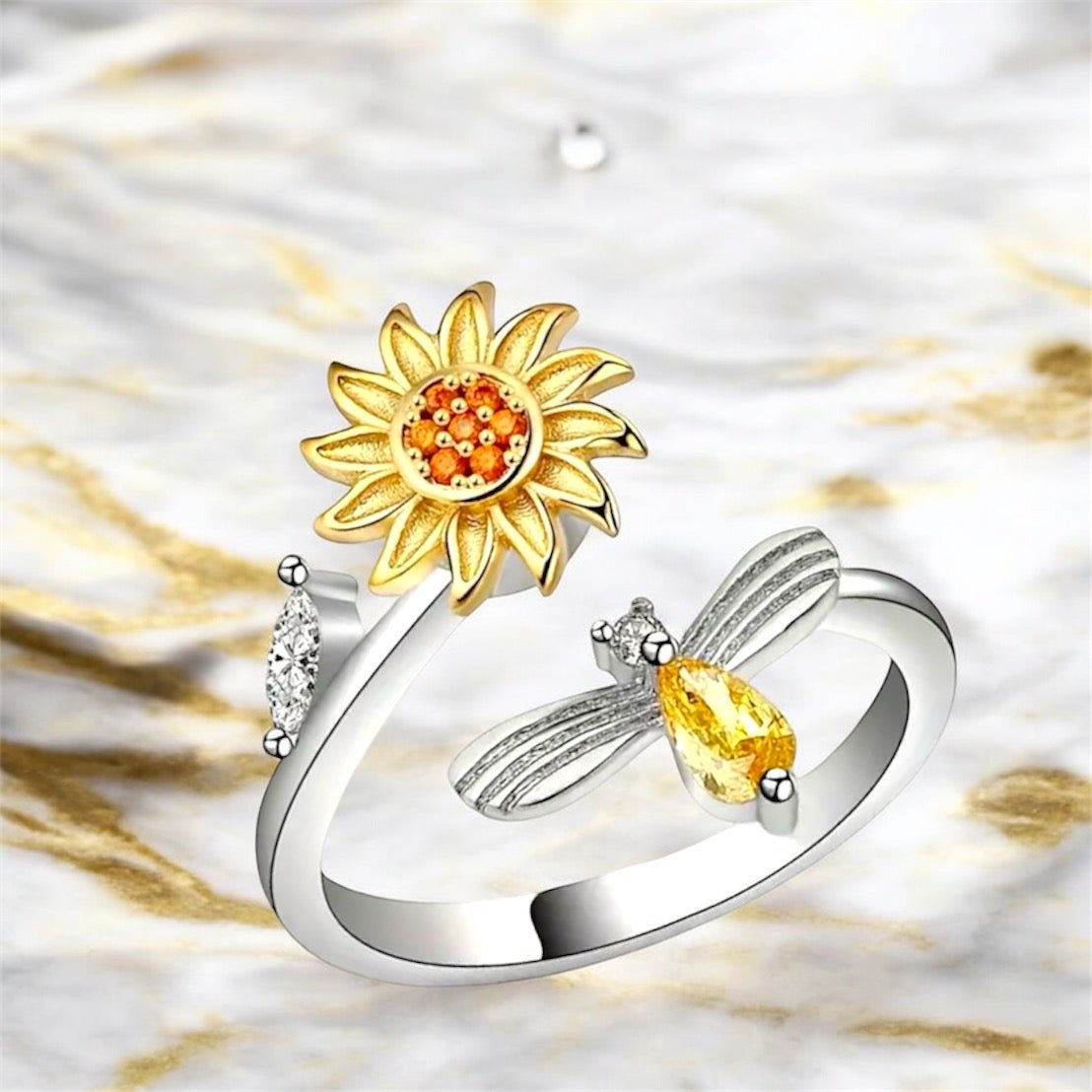 Offener Ring mit drehbarer Sonne und funkelnder Biene - CrystalScents