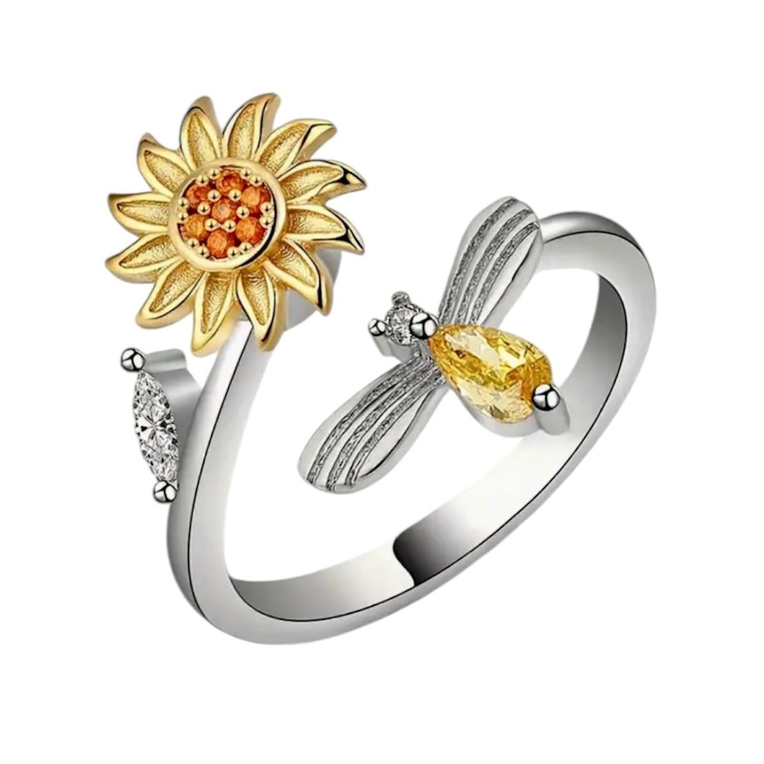 Offener Ring mit drehbarer Sonne und funkelnder Biene - CrystalScents