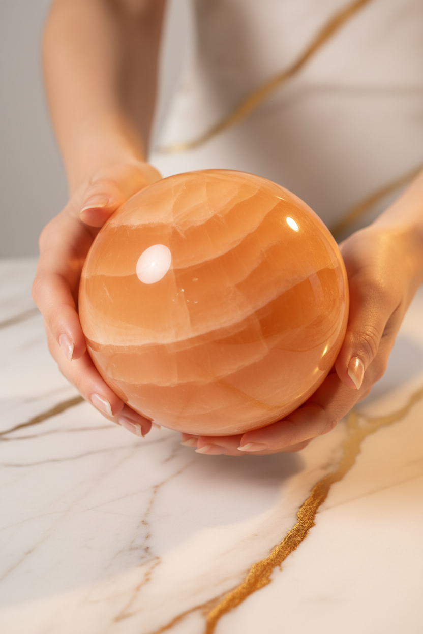 Orange calcite sphere in hands