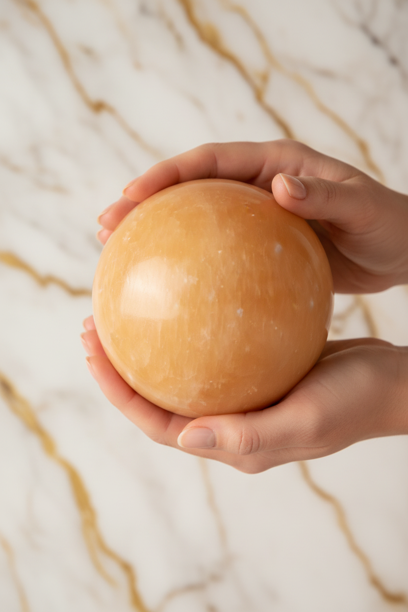 Orange calcite sphere in hands
